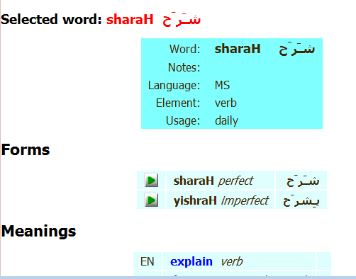 Full details of the selected word